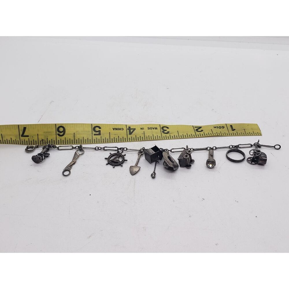 Vintage Sterling Silver Charm Bracelet Cowboy Nautical Scissors Ring Hat 7in - Picture 14 of 16